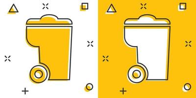 Trash bin garbage icon in comic style. Trash bucket vector cartoon illustration pictogram. Garbage basket business concept splash effect.