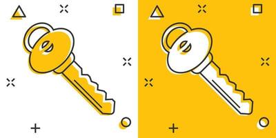 Key icon in comic style. Password cartoon vector illustration on white isolated background. Access splash effect business concept.