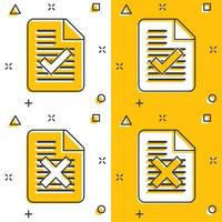 Document accepted and damaged icon in comic style. Correct, broken cartoon vector illustration on white isolated background. Check message splash effect business concept.