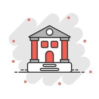 Building icon in comic style. Museum cartoon vector illustration on white isolated background. City tower splash effect business concept.