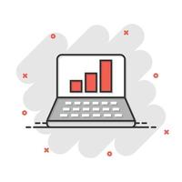Laptop chart icon in comic style. SEO data cartoon vector illustration on white isolated background. Computer diagram splash effect business concept.