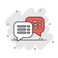 Speak chat sign icon in comic style. Speech bubbles cartoon vector illustration on white isolated background. Team discussion button splash effect business concept.