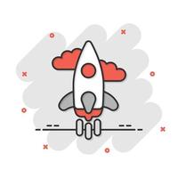 Rocket icon in comic style. Spaceship launch cartoon vector illustration on white isolated background. Sputnik splash effect business concept.