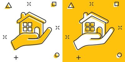 Home care icon in comic style. Hand hold house vector cartoon illustration on white isolated background. Building quality business concept splash effect.