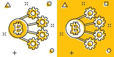 icono de bitcoin en estilo cómico. ilustración vectorial de dibujos animados de blockchain sobre fondo blanco aislado. concepto de negocio de efecto de salpicadura de criptomoneda. vector