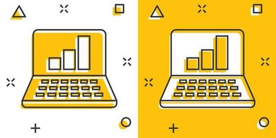 icono de gráfico portátil en estilo cómico. ilustración vectorial de dibujos animados de datos seo sobre fondo blanco aislado. concepto de negocio de efecto de salpicadura de diagrama de computadora. vector