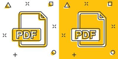 Cartoon PDF icon in comic style. Document illustration pictogram. File sign splash business concept. vector