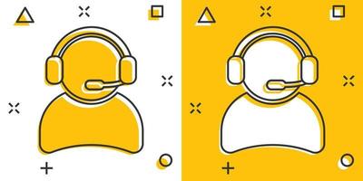 Vector cartoon operator with microphone icon in comic style. Operator in call center sign illustration pictogram. People business splash effect concept.