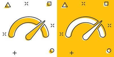 Meter dashboard icon in comic style. Credit score indicator level vector cartoon illustration pictogram. Gauges with measure scale business concept splash effect.