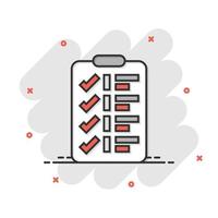 To do list icon in comic style. Document checklist cartoon vector illustration on white isolated background. Notepad check mark splash effect business concept.