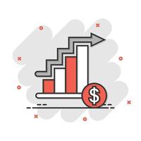 Market trend icon in comic style. Growth arrow with magnifier cartoon vector illustration on white isolated background. Increase splash effect business concept.