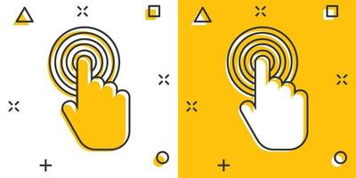 Vector cartoon click hand icon in comic style. Cursor finger sign illustration pictogram. Pointer business splash effect concept.