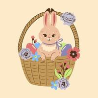 Cute Easter bunny in a basket. Vector graphics.