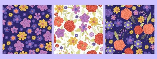 Set of seamless patterns with flowers. Vector graphics.