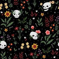 Seamless pattern with skulls and flowers on a dark background. Vector graphics.