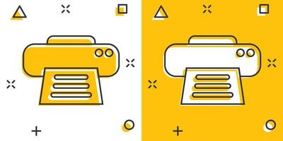 Vector cartoon printer icon in comic style. Document printing sign illustration pictogram. Printer business splash effect concept.