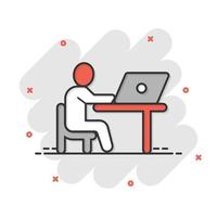 People with laptop computer icon in comic style. Pc user cartoon vector illustration on white isolated background. Office manager splash effect business concept.