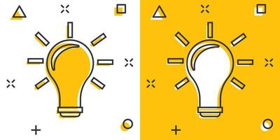 Cartoon light bulb icon in comic style. Idea illustration pictogram. Lamp sign splash business concept. vector