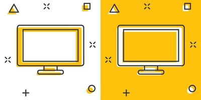 icono de computadora de dibujos animados de vector en estilo cómico. pictograma de ilustración de signo de monitor. concepto de efecto de salpicadura de negocio de televisión.