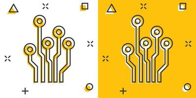 icono de placa de circuito de dibujos animados de vector en estilo cómico. pictograma de ilustración de signo de esquema de tecnología. concepto de efecto de salpicadura de negocio de microchip.