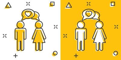 Vector cartoon man and woman with heart icon in comic style. People sign illustration pictogram. Relations business splash effect concept.