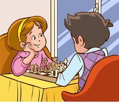 cute kids playing chess cartoon vector