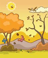 hojas volando en un vector de dibujos animados soleado día de otoño