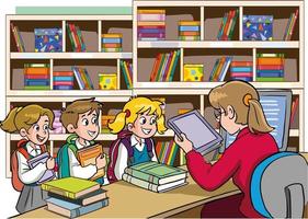 niños estudiantes tomando un libro del vector de dibujos animados de la biblioteca