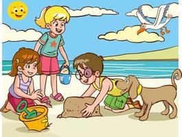 children playing on the beach are making sand castles cartoon vector