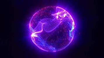 Abstract round blue to purple sphere light bright glowing from energy rays and magic waves from particles and dots, abstract background. Video 4k, motion design