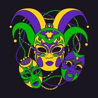 Mardi Gras carnival venetian masks and beads isolated on dark background. vector