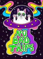 psychedelic groovy white cat in sunglasses, cool space trip vector