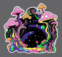 Psychedelic hippie mushrooms sticker. 70s cartoon retro style vector