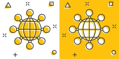 icono de red global en estilo cómico. ilustración de dibujos animados vectoriales del mundo cibernético sobre fondo blanco aislado. efecto de salpicadura del concepto de negocio de la tierra. vector