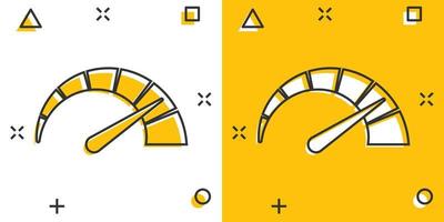 Meter dashboard icon in comic style. Credit score indicator level vector cartoon illustration pictogram. Gauges with measure scale business concept splash effect.