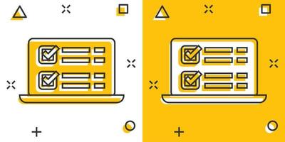 icono de signo de documento de lista de verificación en estilo cómico. ilustración de dibujos animados de vector de encuesta sobre fondo blanco aislado. efecto de salpicadura de concepto de negocio de banner de marca de verificación.