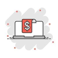 Laptop computer chart icon in comic style. Money diagram cartoon vector illustration on white isolated background. Financial process splash effect business concept.
