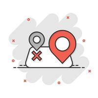 Map pin icon in comic style. GPS navigation cartoon vector illustration on white isolated background. Locate position splash effect business concept.