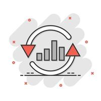 Growing bar graph icon in comic style. Increase arrow cartoon vector illustration on white isolated background. Infographic progress splash effect business concept.