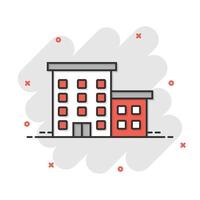 Building icon in comic style. Town skyscraper apartment cartoon vector illustration on white isolated background. City tower splash effect business concept.