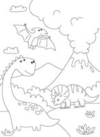 A dinosaur cartoon cute animal background prehistoric landscape coloring outline scene. Vector printable coloring page for children in cartoon style