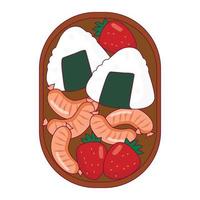 Traditional Japanese bento lunch with onigiri, sausages and strawberries. Vector illustration