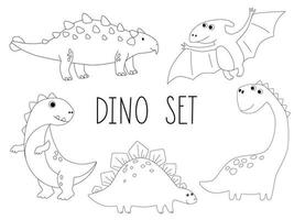 conjunto de lindos contornos de dinosaurios en estilo de dibujos animados. ilustraciones de libros para colorear para niños. vector