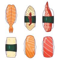 varios sushi y nigiri. vista superior. conjunto de vectores de colores dibujados a mano. estilo de dibujos animados japoneses. ilustración de moda.