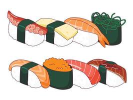 Various sushi and nigiri. Hand drawn colored Vector set. Japanese cartoon style. Trendy illustration.