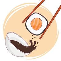 ilustración vectorial de rollo de sushi. palillos y salsa de soja en movimiento contra el fondo del círculo naranja. afiche de café, letrero, decoración de menú de cocina asiática, diseño de pancartas vector