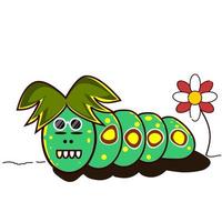 the cool green caterpillar and flower, vector illustration.