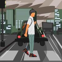 School boy crossing the road to school in the morning. vector