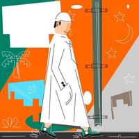 A Muslim is walking to the mosque on Eid holy day. vector
