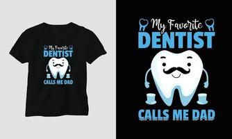 Camiseta de dentista vectorial o diseño lindo de póster con dientes de dibujos animados, elementos dentales, etc. vector